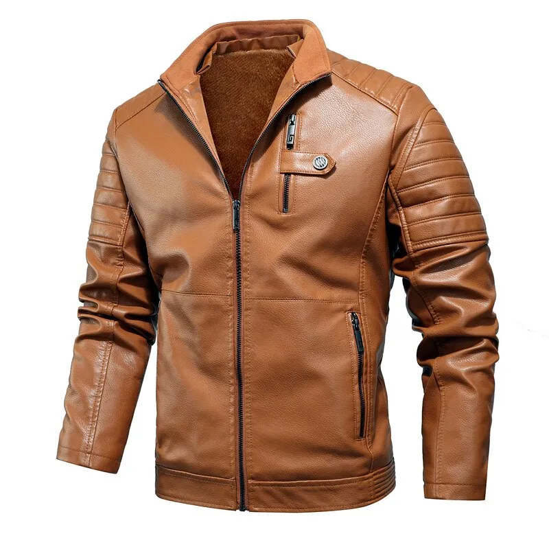 Ashore Shop Mens PU Motorcycle Windproof Leather Jacket