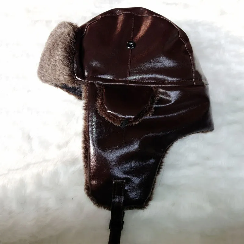 Bomber Hat with Ear Flap Mens Winter Faux Leather Fur Russian Earflap Trapper Cap Aviator Fleece Beanie Male