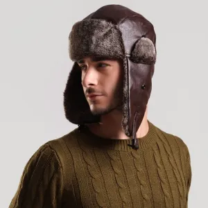 Bomber Hat with Ear Flap Mens Winter Faux Leather Fur Russian Earflap Trapper Cap Aviator Fleece Beanie Male