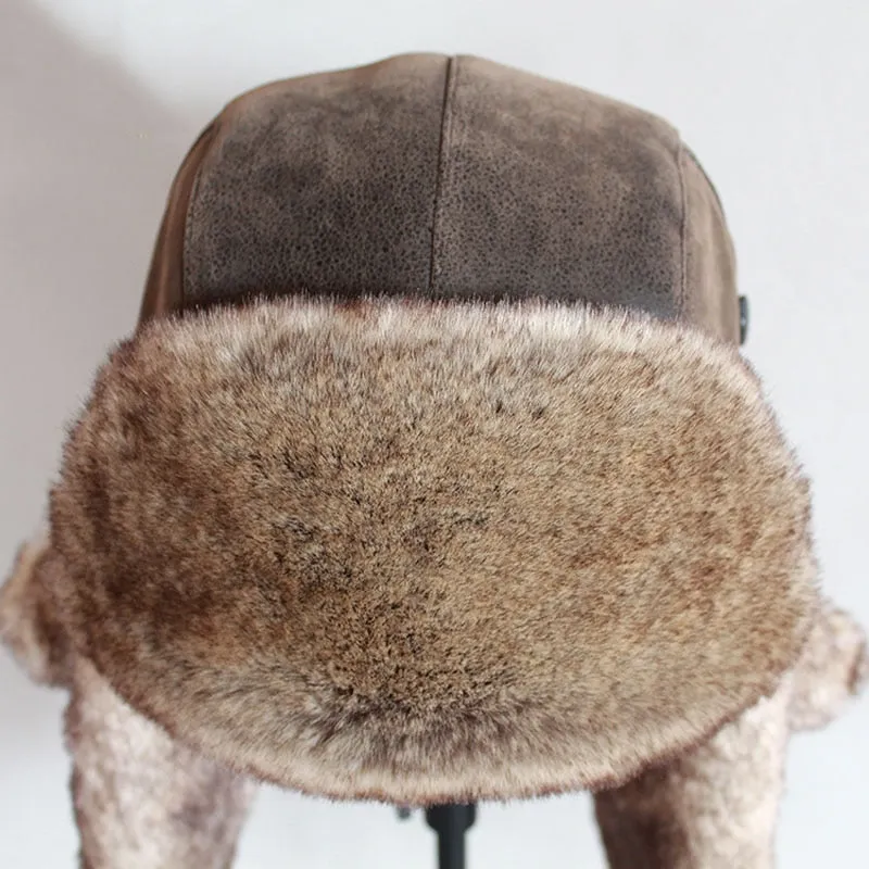 Bomber Hats Winter Men Warm Russian Ushanka Hat with Ear Flap Pu Leather  Fur Trapper Cap  Earflap