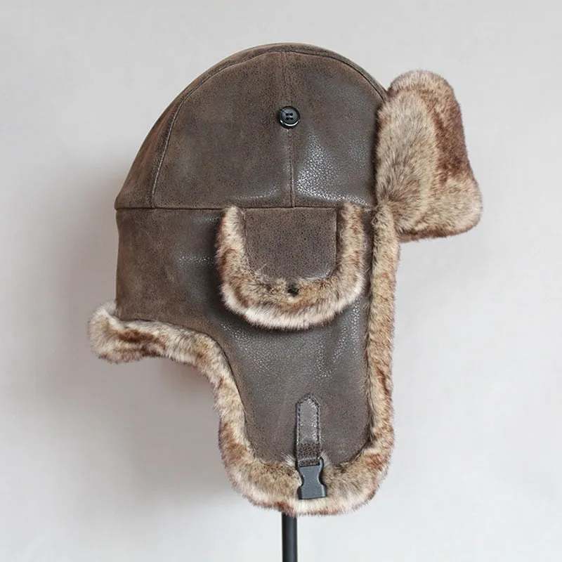 Bomber Hats Winter Men Warm Russian Ushanka Hat with Ear Flap Pu Leather  Fur Trapper Cap  Earflap