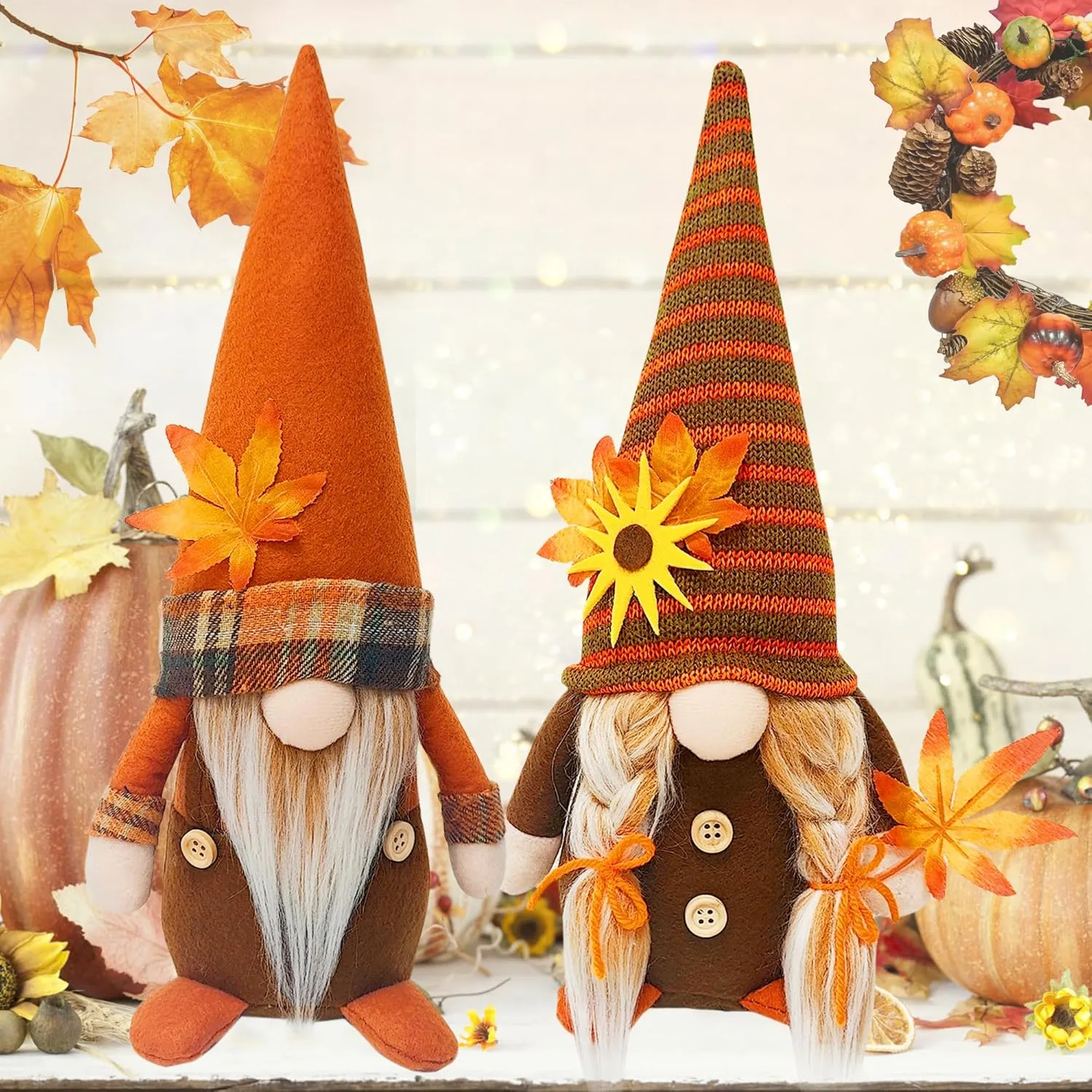 Fall Gnomes Decor, 2-Pack Handmade Plush Swedish Gnomes with Maple Leaves for Autumn & Thanksgiving