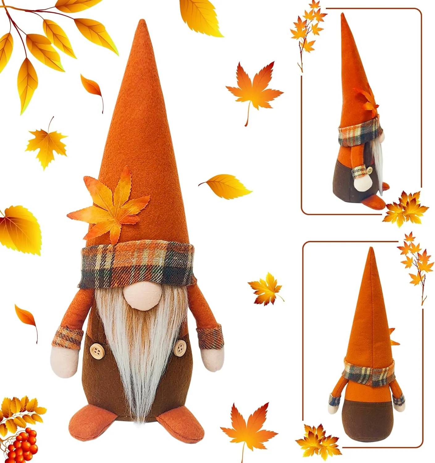 Fall Gnomes Decor, 2-Pack Handmade Plush Swedish Gnomes with Maple Leaves for Autumn & Thanksgiving