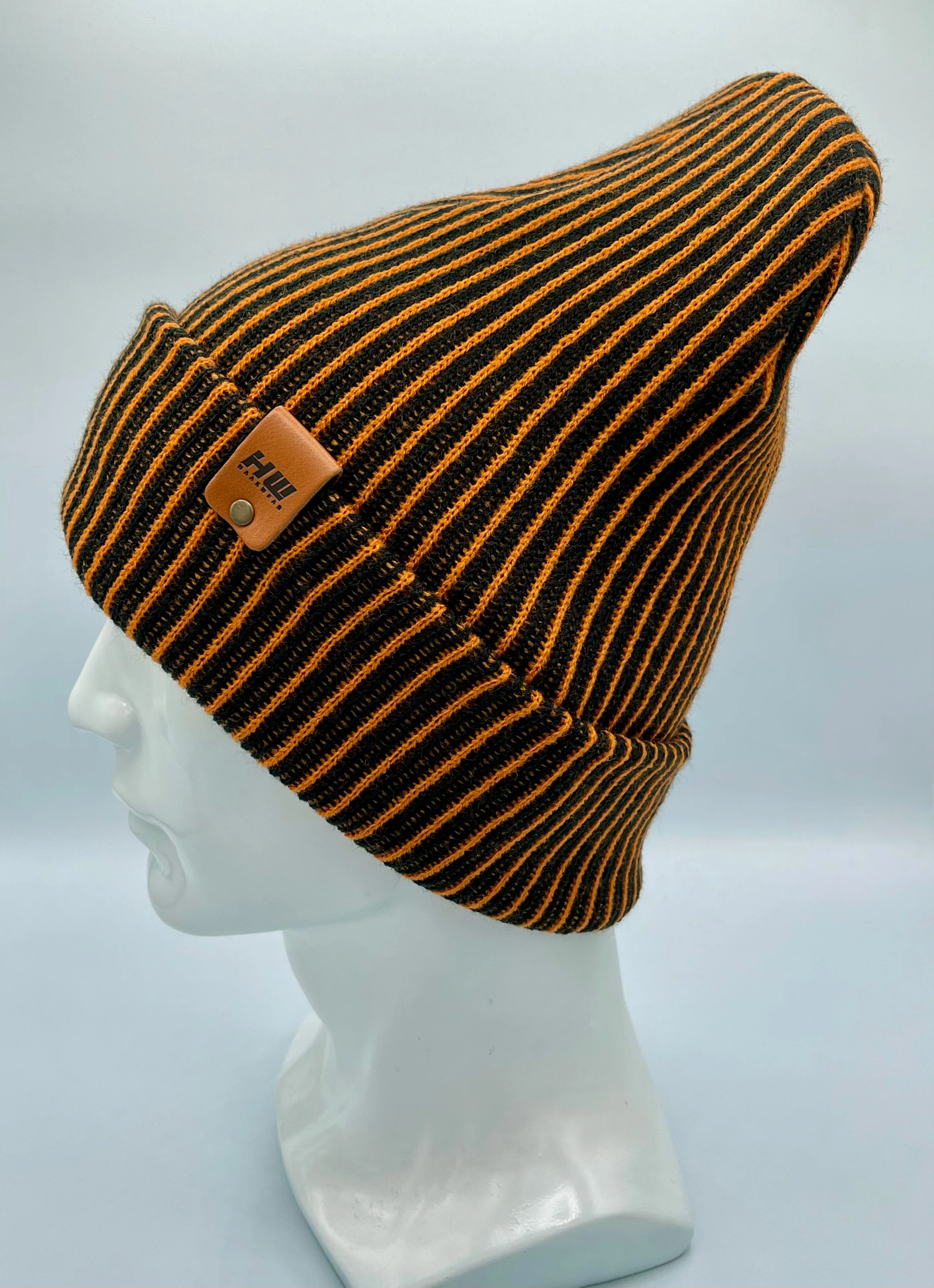 HAAKWEAR Cuffed Wide Ribbed Striped Beanie, Limited Edition, Orange/Black, Made in USA