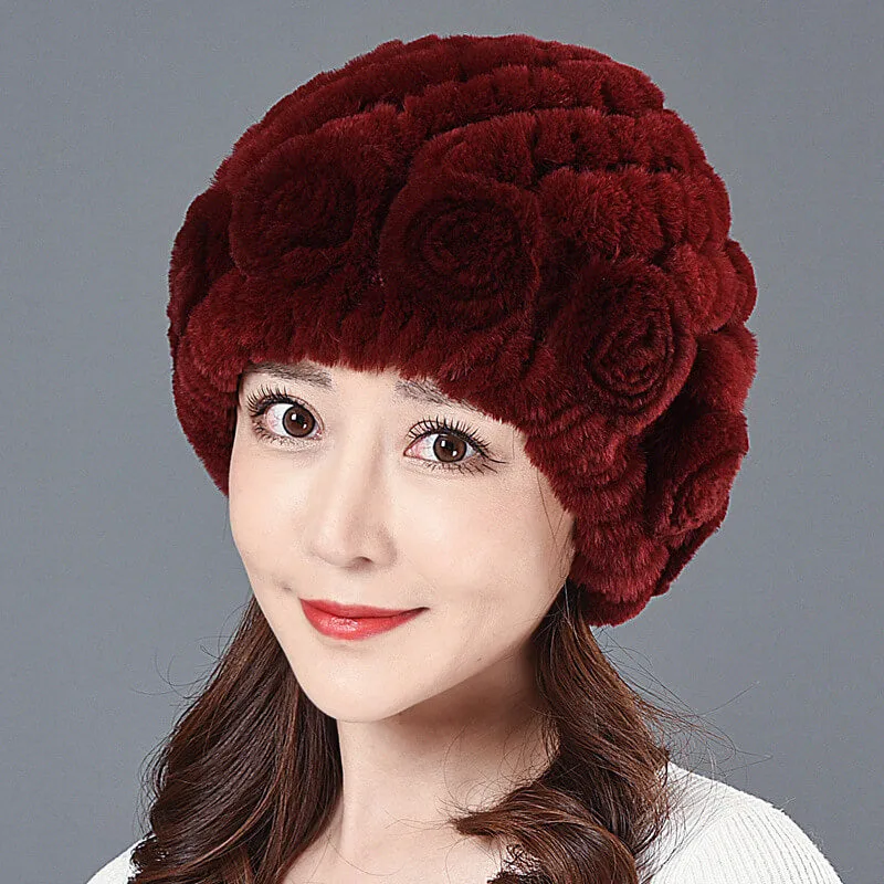 Ladies Skull Hat Knitted Pineapple Hat Real Fur Hat Natural Fur Beanie Hat