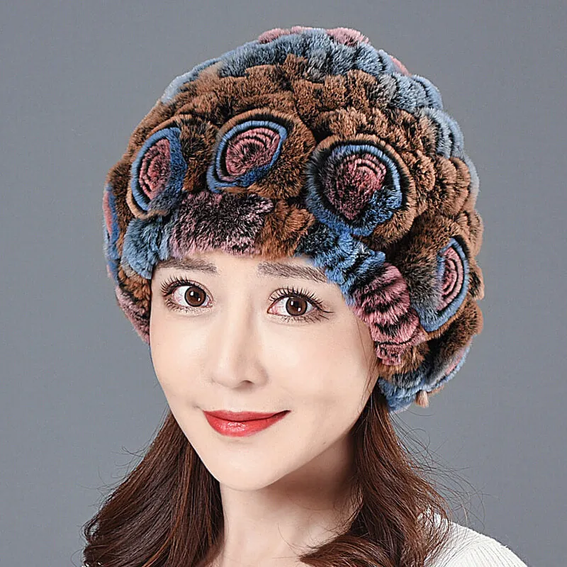 Ladies Skull Hat Knitted Pineapple Hat Real Fur Hat Natural Fur Beanie Hat