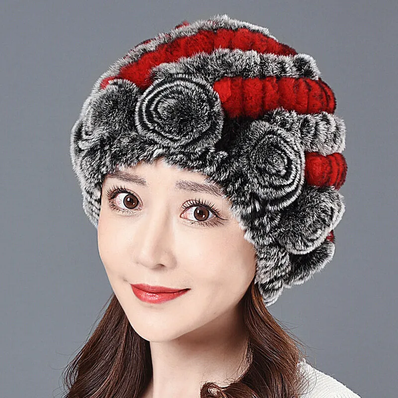 Ladies Skull Hat Knitted Pineapple Hat Real Fur Hat Natural Fur Beanie Hat