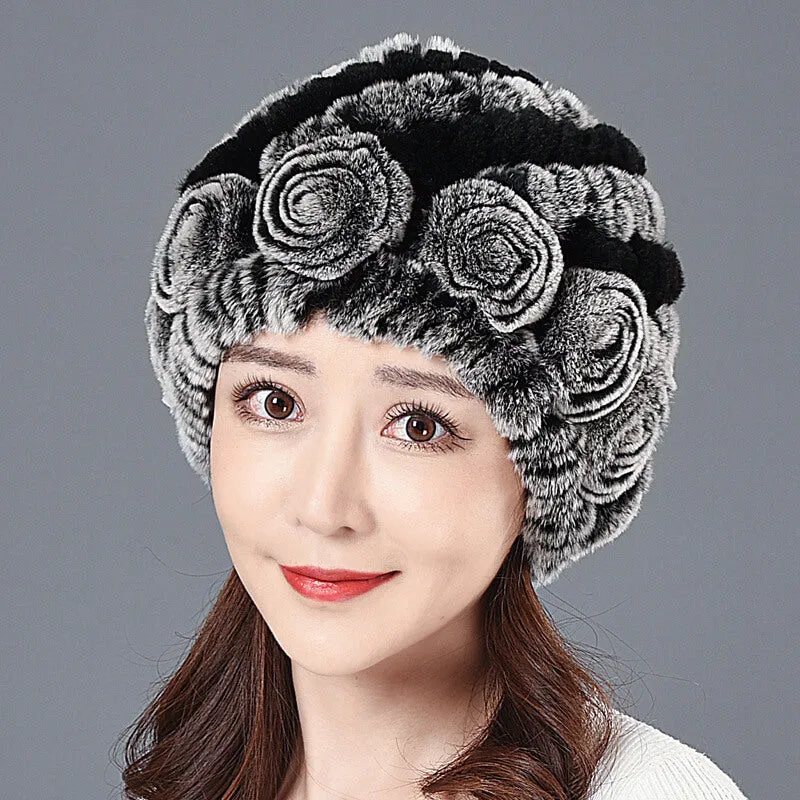 Ladies Skull Hat Knitted Pineapple Hat Real Fur Hat Natural Fur Beanie Hat