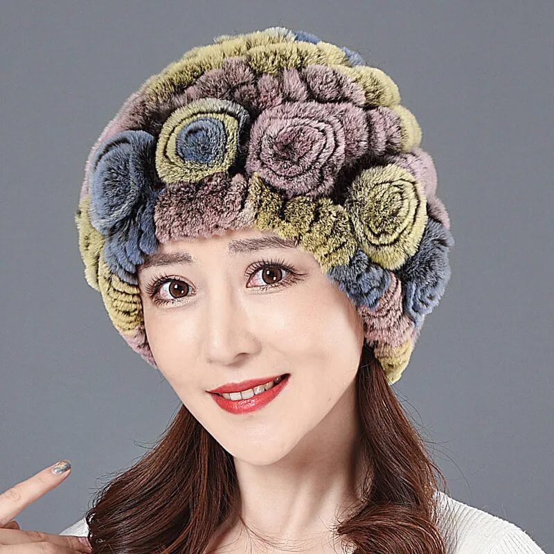 Ladies Skull Hat Knitted Pineapple Hat Real Fur Hat Natural Fur Beanie Hat