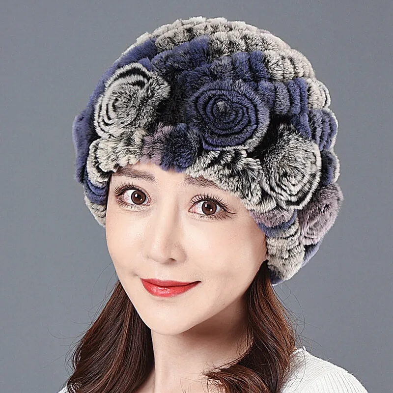 Ladies Skull Hat Knitted Pineapple Hat Real Fur Hat Natural Fur Beanie Hat