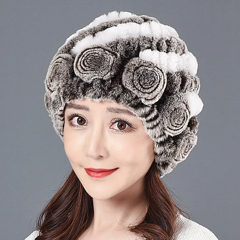 Ladies Skull Hat Knitted Pineapple Hat Real Fur Hat Natural Fur Beanie Hat