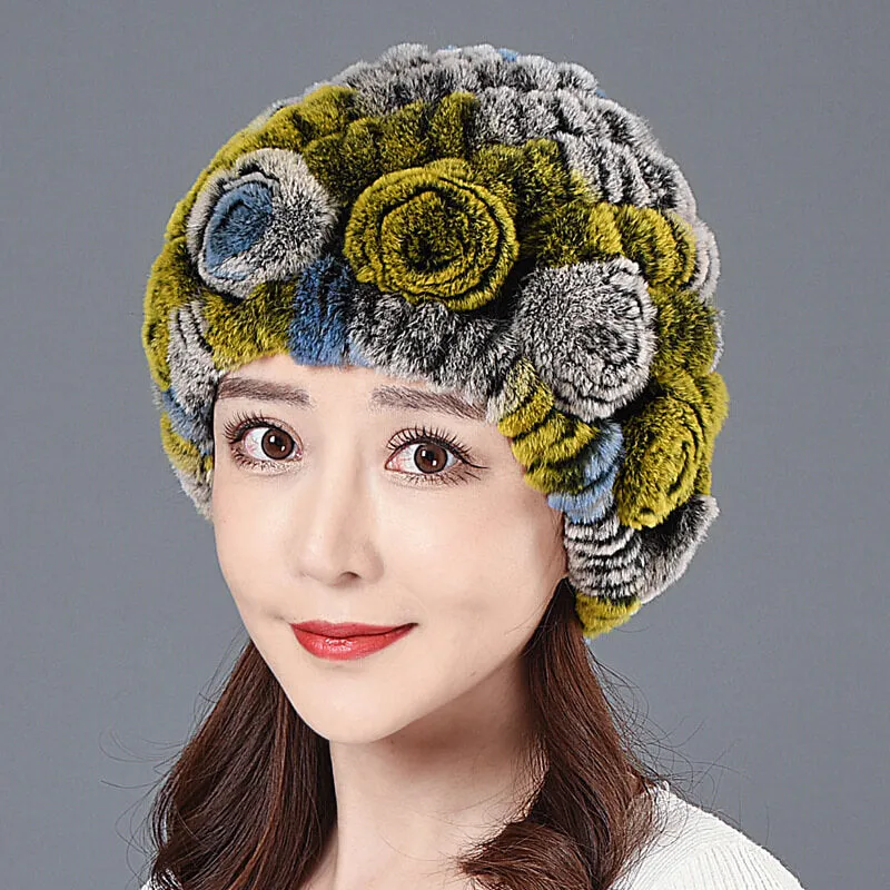 Ladies Skull Hat Knitted Pineapple Hat Real Fur Hat Natural Fur Beanie Hat