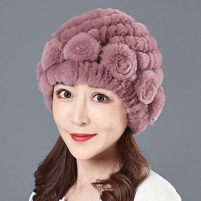 Ladies Skull Hat Knitted Pineapple Hat Real Fur Hat Natural Fur Beanie Hat