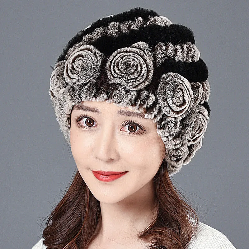 Ladies Skull Hat Knitted Pineapple Hat Real Fur Hat Natural Fur Beanie Hat