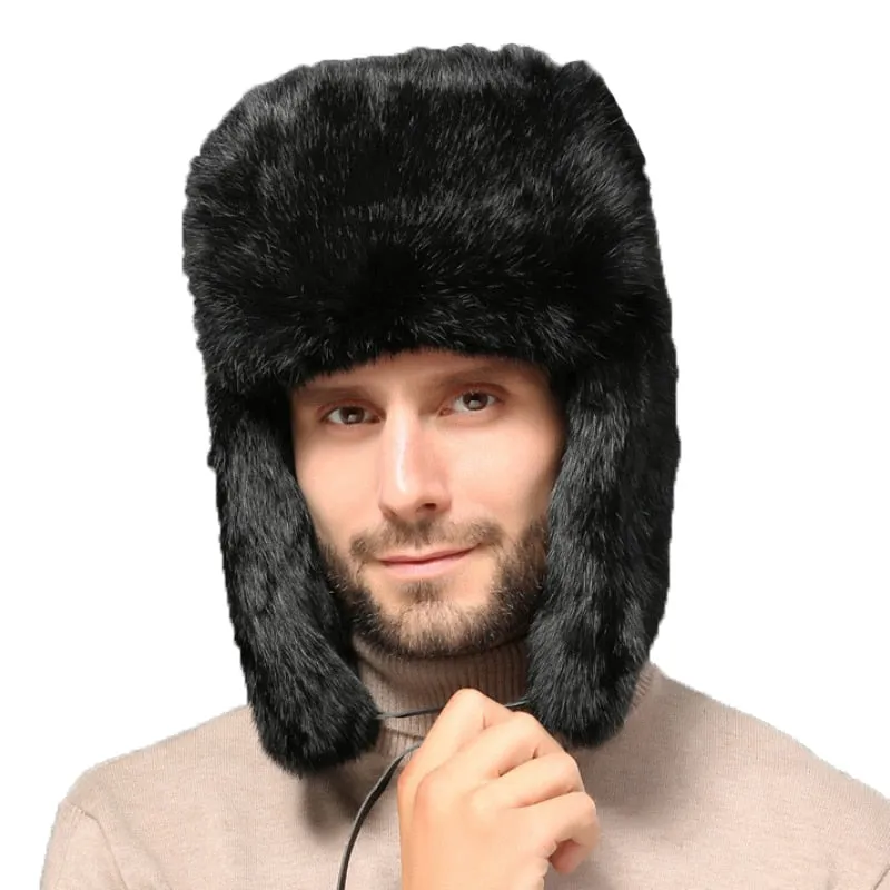 Thick Warm Bomber Hat Men Real Rabbit Fur Earflap Trapper Outdoor Russian Cap Male Plus Size Winter Hats Ski Russian Hat