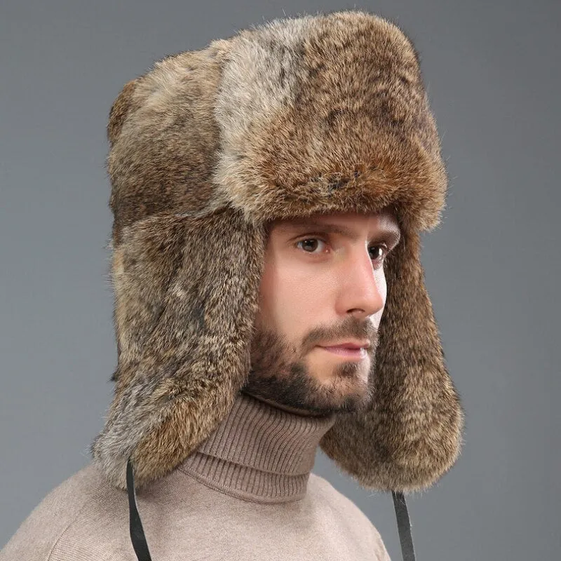 Thick Warm Bomber Hat Men Real Rabbit Fur Earflap Trapper Outdoor Russian Cap Male Plus Size Winter Hats Ski Russian Hat