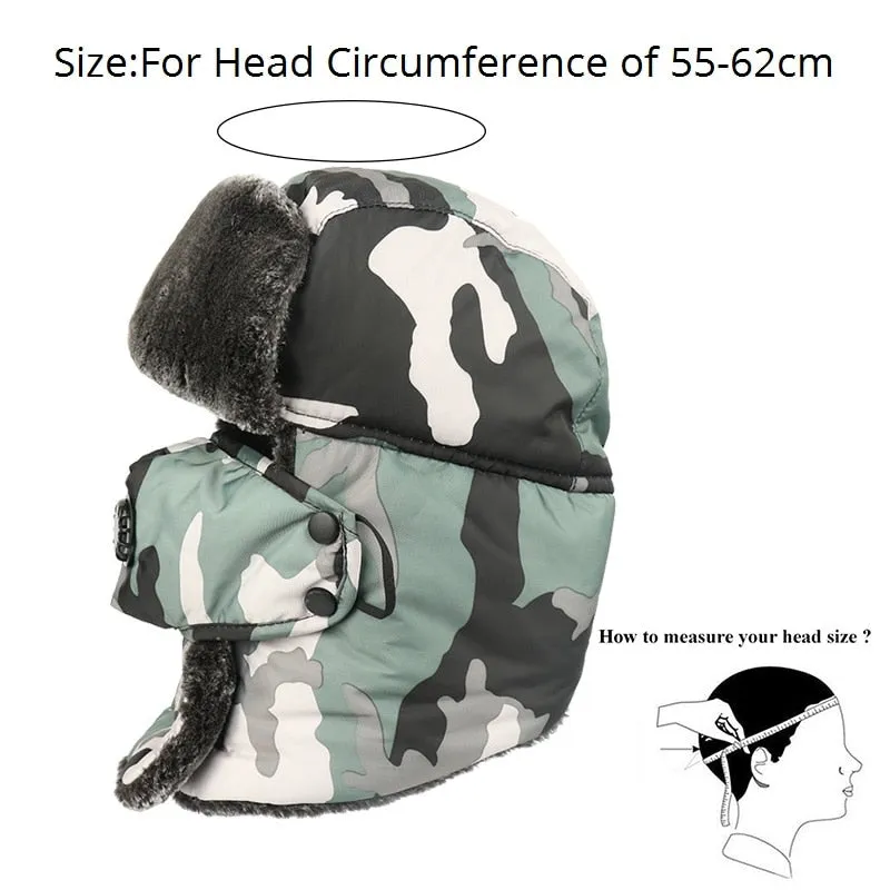 Unisex Camouflage Bomber Hat Russia Ushanka Trapper Cap Male Waterproof Faux Fur Earflap Winter Snow Skiing Hats