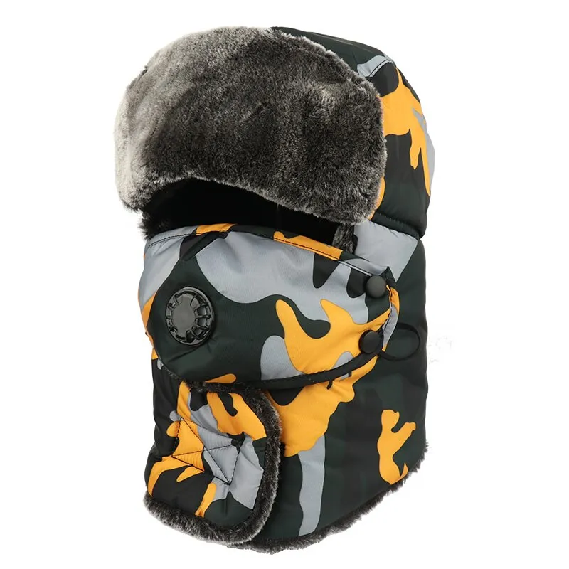 Unisex Camouflage Bomber Hat Russia Ushanka Trapper Cap Male Waterproof Faux Fur Earflap Winter Snow Skiing Hats