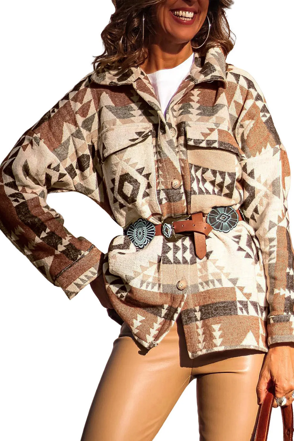 Wholesale Brown Geometric Print Flap Pocket Jacket