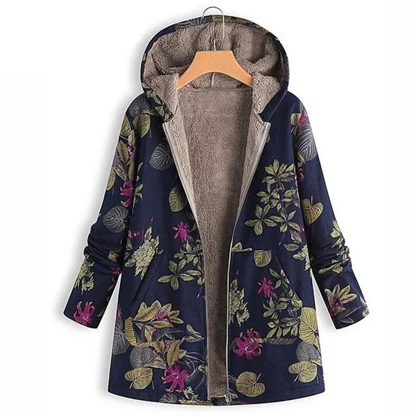 Women's Fashion Leaves Floral Print Fluffy Fur Hooded Long Sleeve Vintage Casual Coat