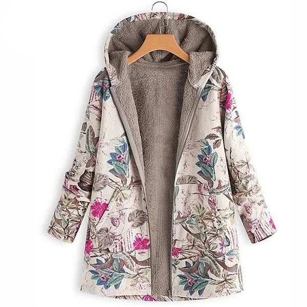 Women's Fashion Leaves Floral Print Fluffy Fur Hooded Long Sleeve Vintage Casual Coat