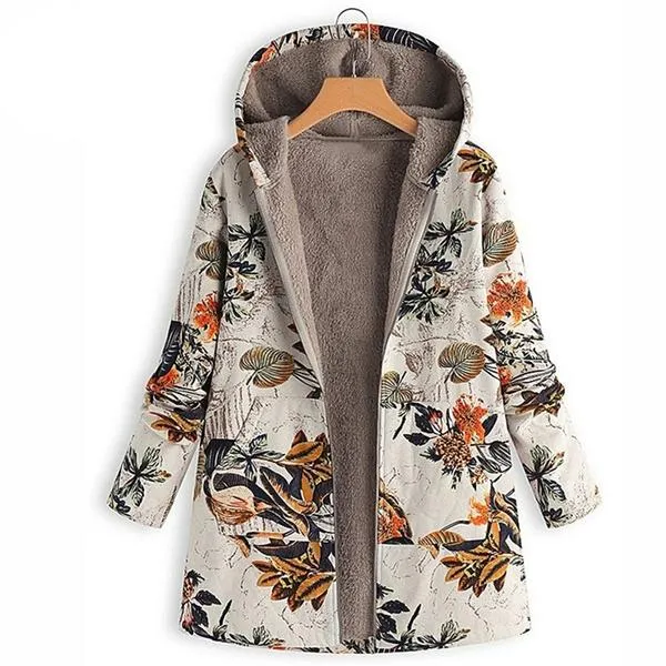 Women's Fashion Leaves Floral Print Fluffy Fur Hooded Long Sleeve Vintage Casual Coat